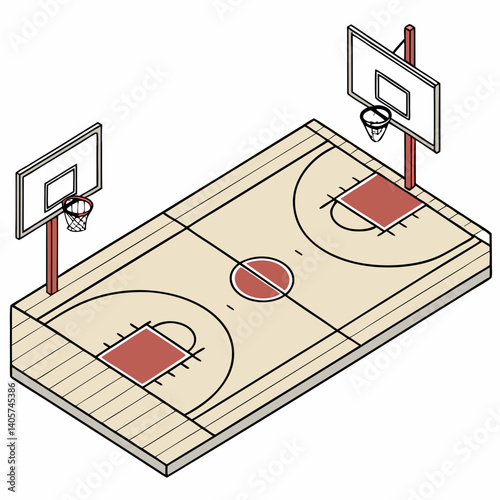 Basketball Court Layout – Indoor Wooden Floor with Hoops and Lines – Flat Vector Design