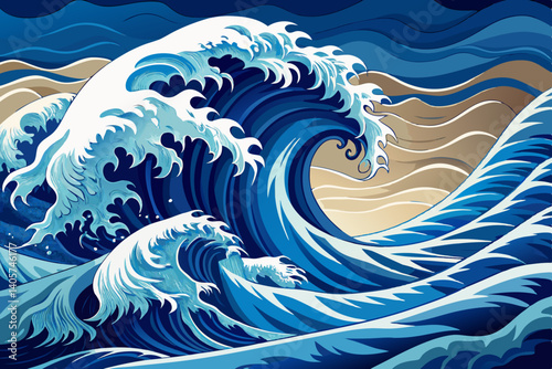 Illustration of large ocean waves with white foam crests and blue water against a sandy background