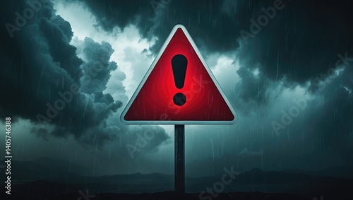 Warning triangle pictogram featuring exclamation mark as indication for severe weather alert photo