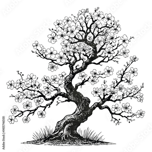 Black and white bonsai tree illustration with blooming cherry blossoms – detailed line art vector in traditional woodblock print style, featuring twisted trunk and fine branch structure