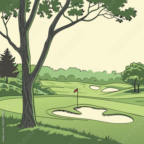 Golf Course Landscape – Green Field with Hole, Flag, and Sand Traps – Vector Scene