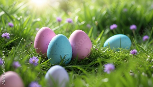Pink and blue Easter eggs rest on the green grass surrounded by delicate flowers, basking in the bright sunlight