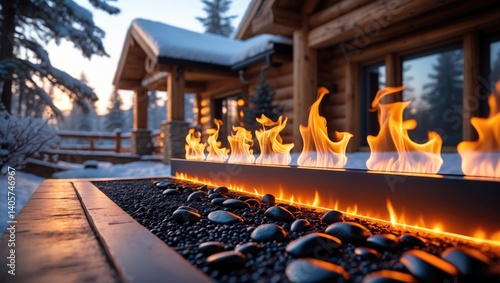 Outdoor fire table glowing in the brisk winter atmosphere