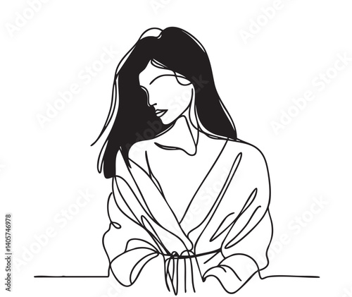 Minimalistic silhouette of woman silhouette. Black and white. White background. Line drawing