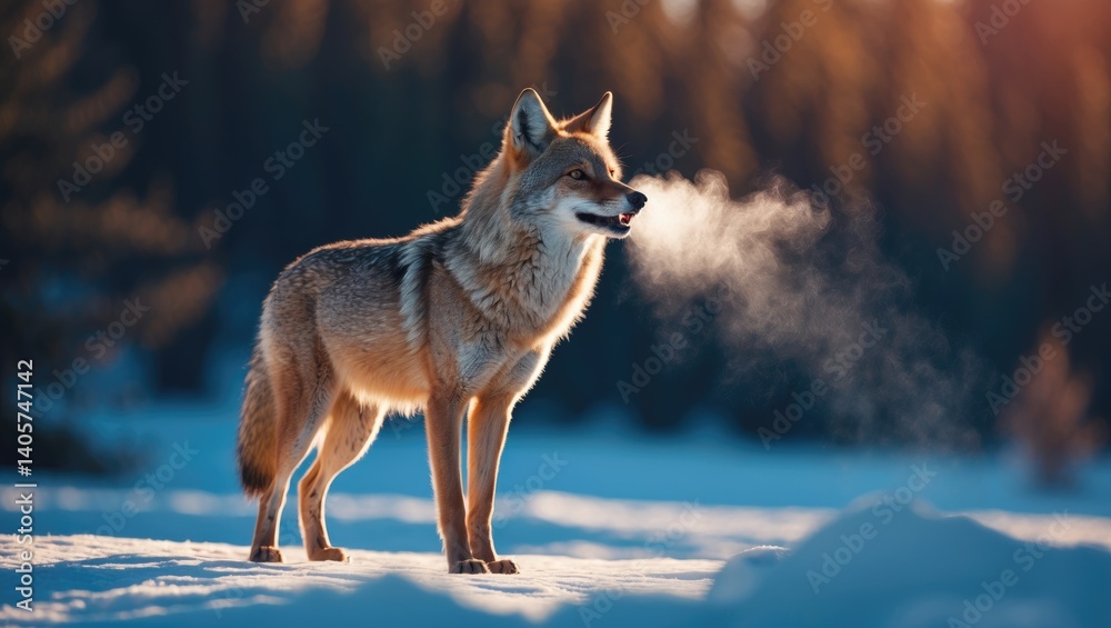 Obraz premium Coyote Howling with Breath in the Mist