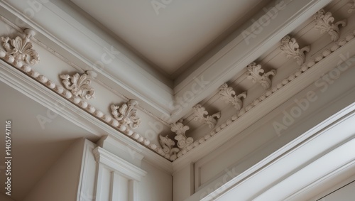 Ornamental white ceiling molding decor in a room, detailed view. Ideas for interior renovation and construction.