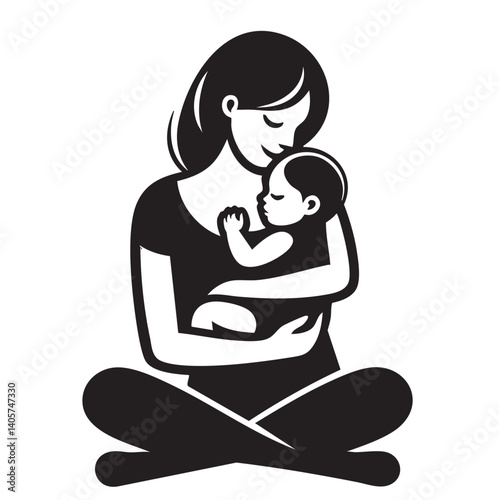 Mother and baby stylized vector symbol, mom hugs her child logo template