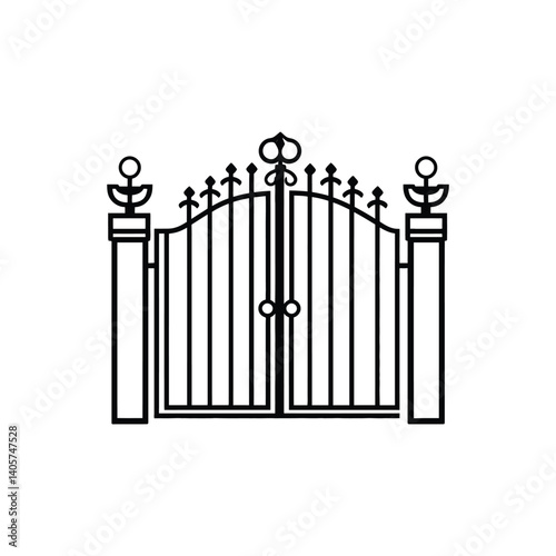 Ornate Metal Gate with Pillars Outline on Transparent Background Icon Design