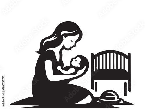 Mother and baby stylized vector symbol, mom hugs her child logo template