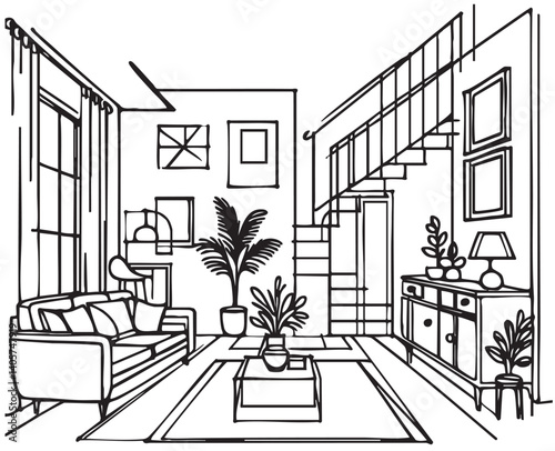 Living room graphic black white room interior with staircase sketch illustration vector
