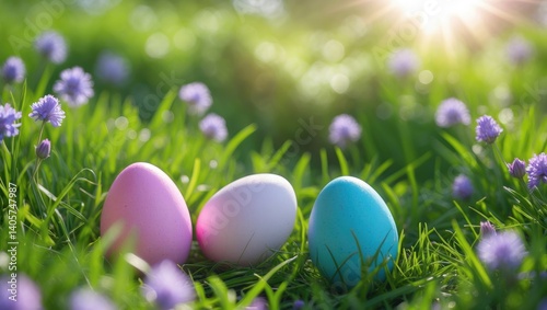 Delicate flowers surround pink and blue Easter eggs on the green grass, illuminated by the bright sun