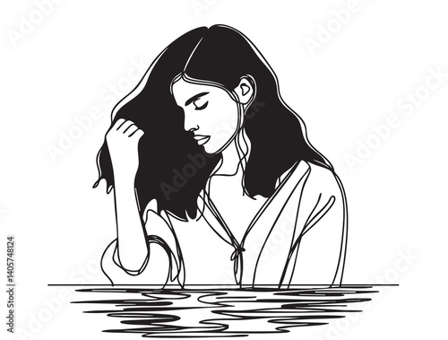 Silhouette of woman in water, silhouette girl with black hair. Sadness and depression, broken heart feeling and stop violence against woman concept
