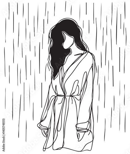 young girl is standing under the rain, silhouette sketch