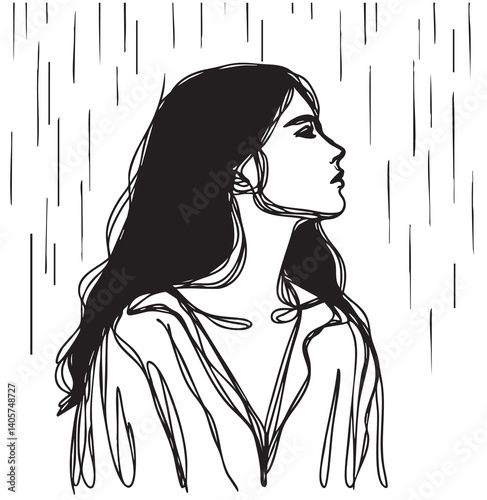 Woman is standing under the rain, silhouette sketch