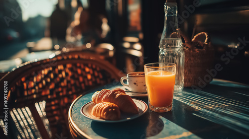 Fototapeta Naklejka Na Ścianę i Meble -  Croissant, espresso and orange juice on a small round table at a Parisian street cafe, soft morning light, minimal French breakfast scene