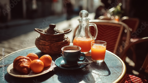 Fototapeta Naklejka Na Ścianę i Meble -  Croissant, espresso and orange juice on a small round table at a Parisian street cafe, soft morning light, minimal French breakfast scene