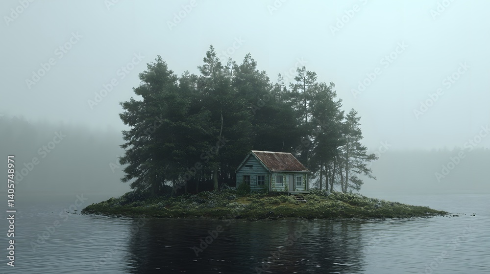 Fototapeta premium Tiny House Nestled on Serene Island Surrounded by Tranquil Lakes in Misty Landscape Captured in Soft Light