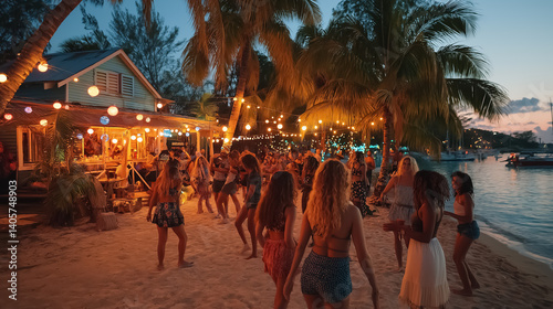 Group of young people dancing barefoot on the beach at sunset near a tropical beach bar, colorful lights, palm trees, carefree summer party vibe