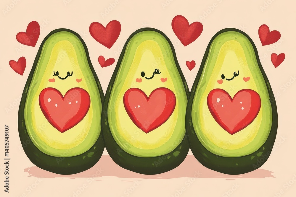 Fototapeta premium Charming Kawaii Avocado Illustration: A Cute Symbol of Love for Valentine's Day with Hearts and Romantic Vibes