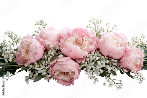 Elegant floral arrangement with soft pink peonies and delicate baby's breath on a transparent background creates a serene visual