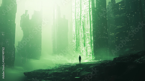 Silhouette of person exploring futuristic green cityscape with towering sci fi skyscrapers and glowing atmosphere