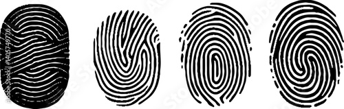 Collection of 4 fingerprint. Digital security fingerprint set. Fingerprint vector icon set. Personal id identity. Press finger, scan for safety. Vector illustration. 