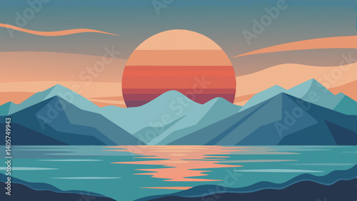 Sunset over the mountains with water reflections and orange sky in a stylized landscape scene