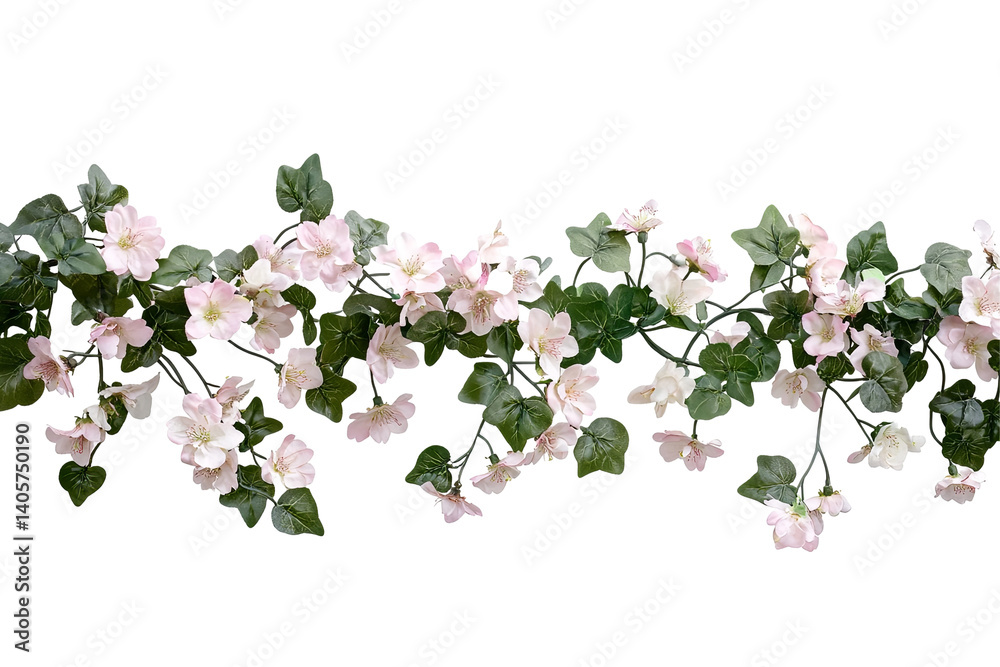 Fototapeta premium Gentle floral sprig with delicate blossoms in soft pink and verdant leaves against an isolated transparent background