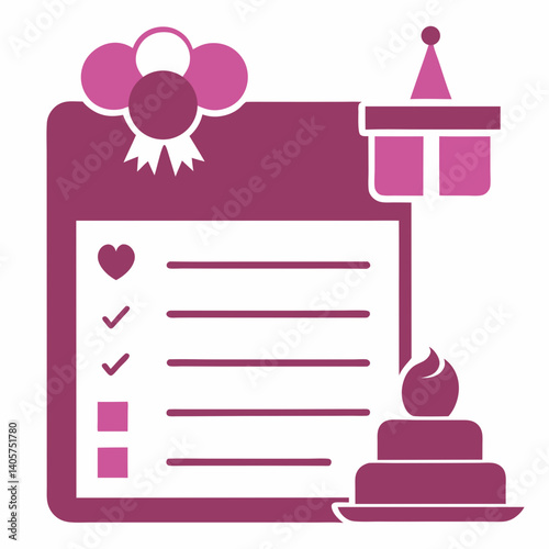 Silhouette of a birthday wish list page with icons of cake gifts and toys