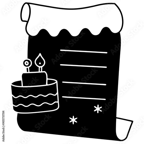 Silhouette of a birthday wish list page with icons of cake gifts and toys