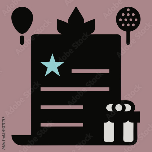 Silhouette of a birthday wish list page with icons of cake gifts and toys