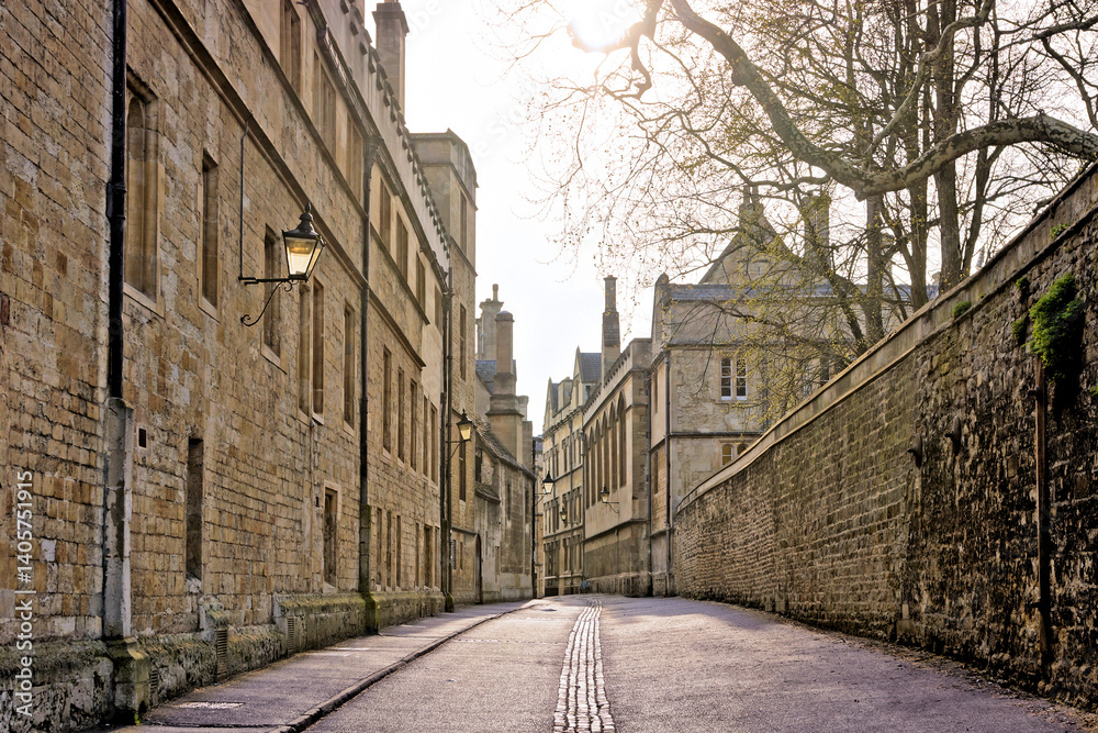 Historic old streets of Oxford University under spring sunshine. Oxford, England, UK.