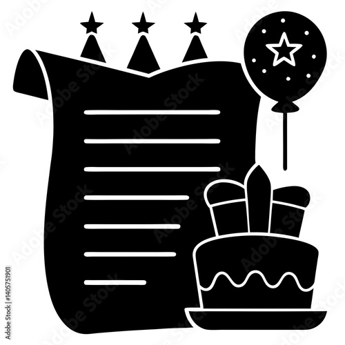 Silhouette of a birthday wish list page with icons of cake gifts and toys
