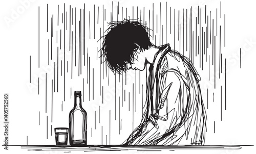 Silhouette Alcoholic sad man in depression under rain. Line sketch. Isolated on white