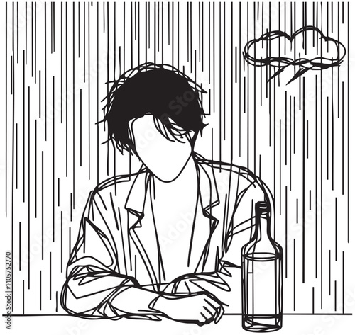 Silhouette Alcoholic sad man in depression under rain. Line sketch. Isolated on white