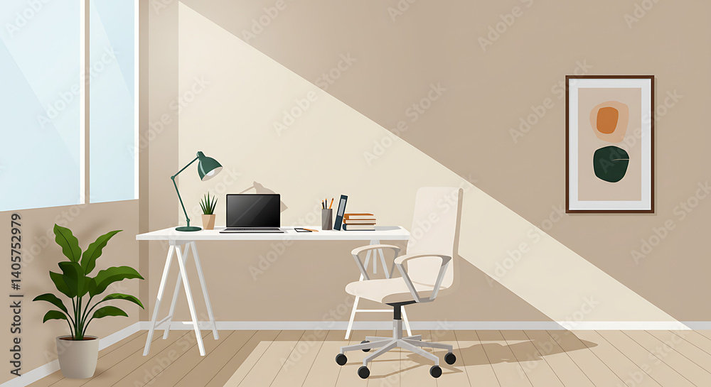 Fototapeta premium Sunlit Workspace: Minimalist Home Office Design AI Generated