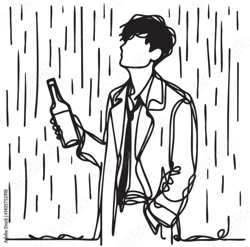 Silhouette Alcoholic sad man in depression under rain. Line sketch. Isolated on white