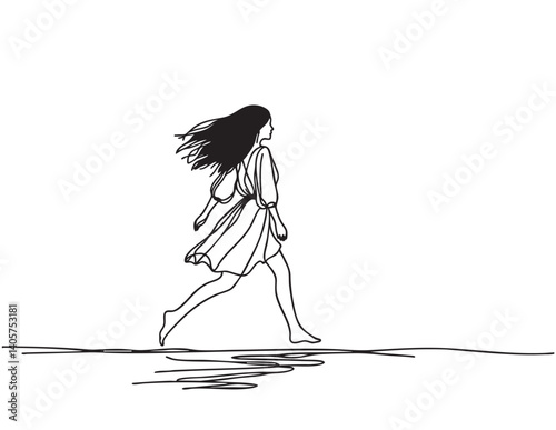 sketch black silhouette girl with black hair in linen clothes running on water, summer illustration