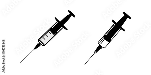 set of syringe injection silhouette, black and white silhouette, vector and illustration, A silhouette of a syringe filled with medicine, poised to be used, outlined in black, syring silhouette set.