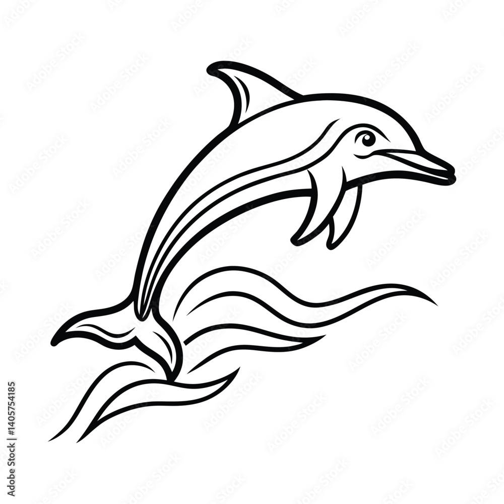 Fototapeta premium Stylized Dolphin Outline Ocean Wildlife Drawing in Vector Style and Simple Sea Creature Sketch