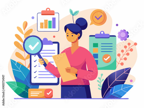 Woman reviewing checklist with magnifying glass and clipboard in a vibrant setting design