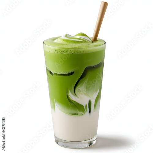 A refreshing matcha latte artfully layered with creamy milk, topped with a frothy swirl, a perfect summer treat presented with a simple wooden straw.
