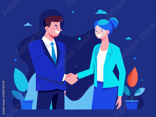 Illustration of a man and woman shaking hands in business attire with plants in pots behind them