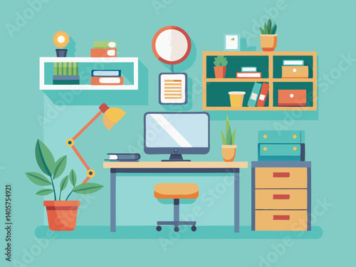 Illustration of a tidy home office setup with desk, computer, shelves, and plants in a flat design style