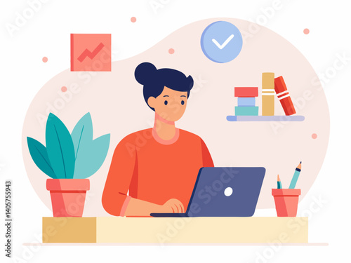 Illustration of a woman working on a laptop at a desk with books and a plant in a cozy workspace