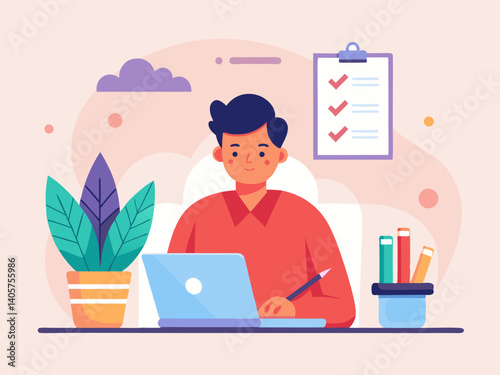 Illustration of a man working on a laptop with a checklist and plant on the desk at home or office