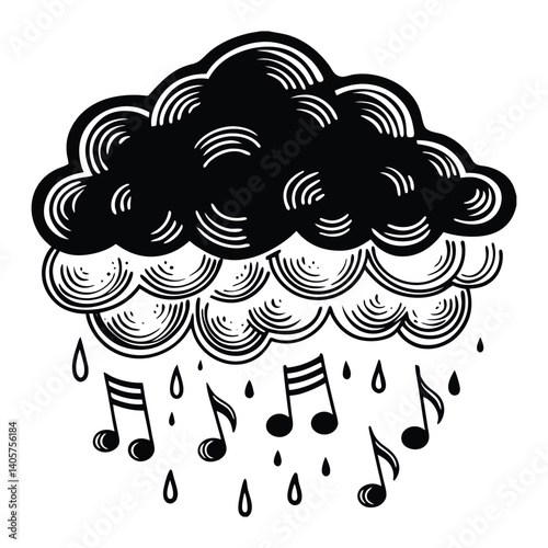 A cloud raining musical notes on white background