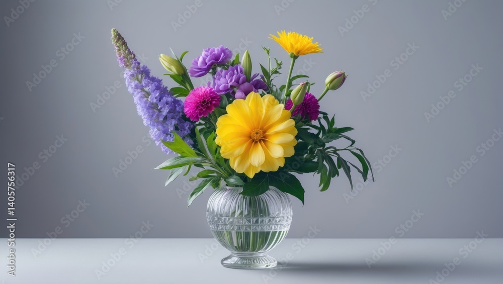 Vibrant multicolored summer and autumn flower arrangement in a petite vase Vibrant multicolored summer and autumn flower arrangement in a petite vase