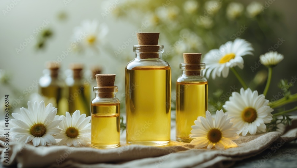 Closeup of essential oil bottles and flowers on fabric