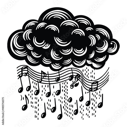 A cloud raining musical notes on white background.